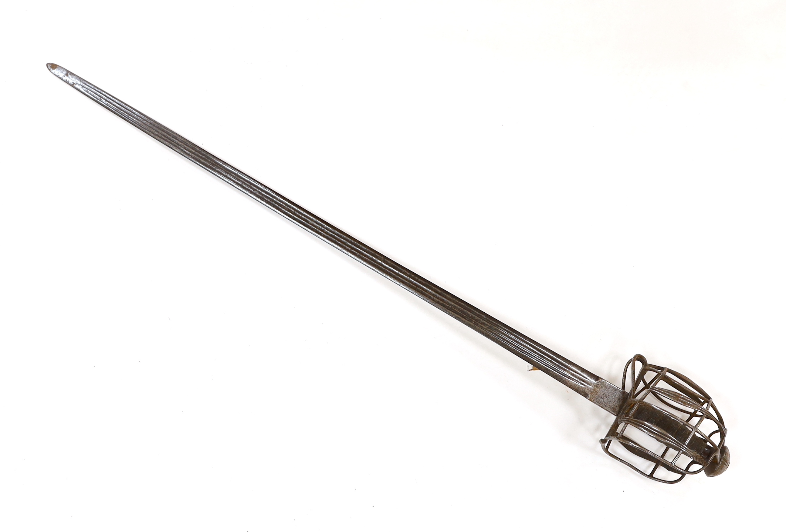 An early 18th century Scottish or English broadsword, with steel basket and pommel and triple fullered Andrea Ferara blade, blade 84cm